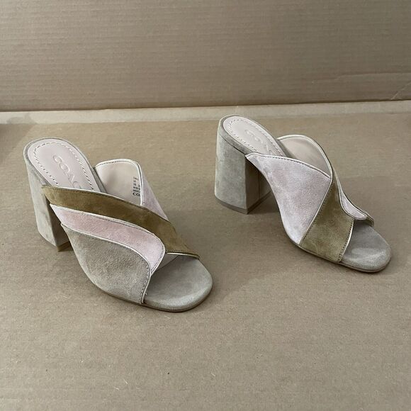 Coach Bria Women Tan Pink Oat Pale Blush Open Toe Block Heel CB Mules Size 5B - Picture 2 of 12